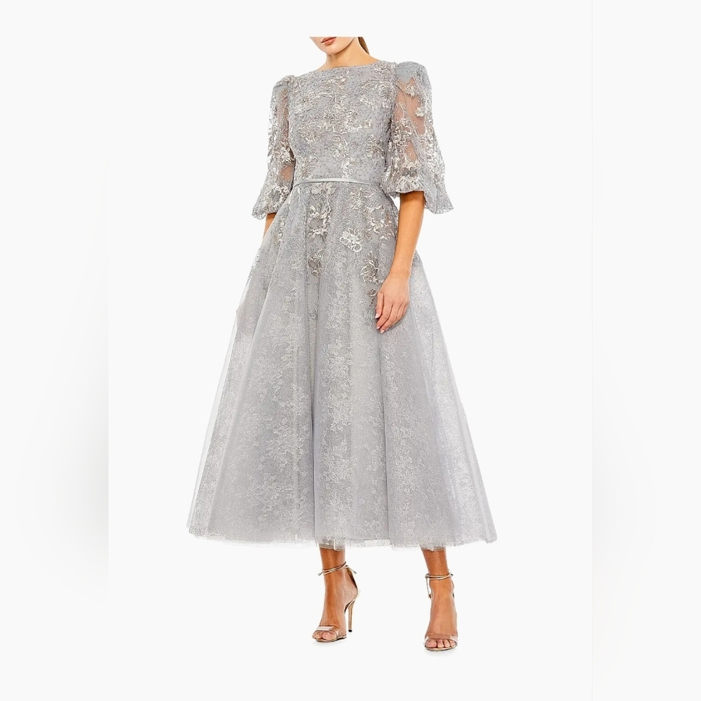 Mac DuggalGray High Neck Puff Sleeve Embellished DressRegular price$798 USD